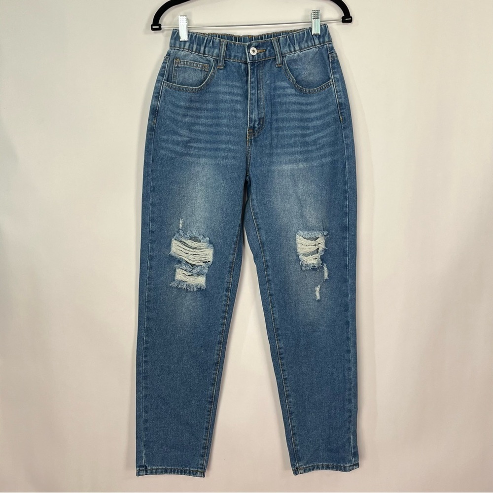 Shein Tween Kids Teen Mom Jeans Elastic Waist Factory Distressed Sz 15 Y Youth